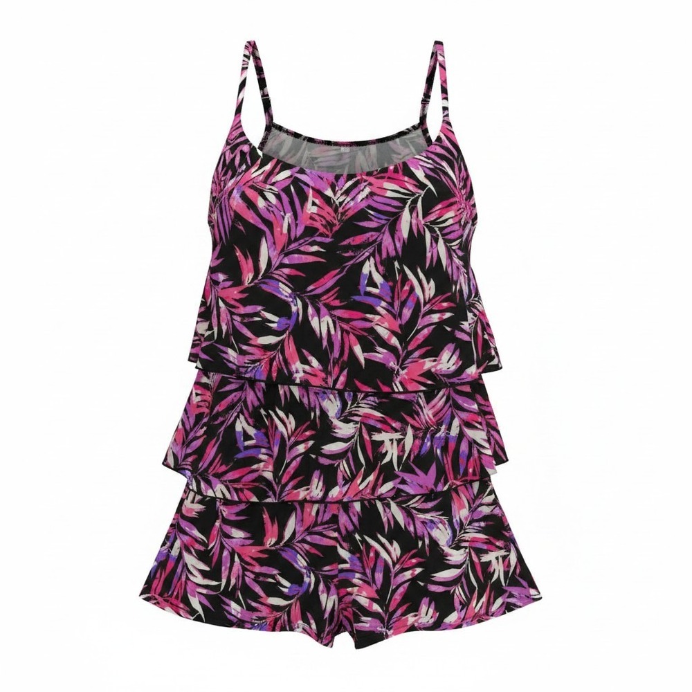 Fit 4 U Womens Tropical Tiered Swim Romper One Piece Pink Purple Black Size 10